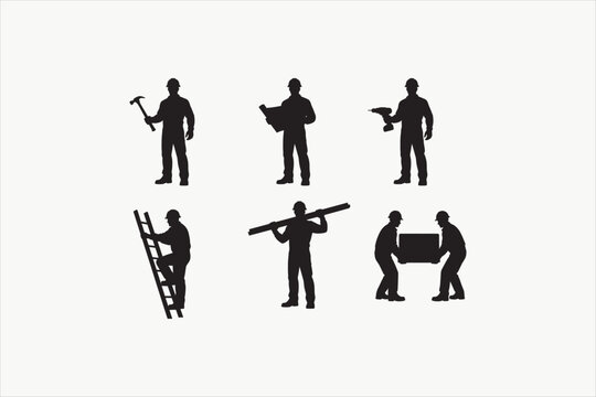 Construction Worker Silhouette Set Vector Illustration. Black silhouettes of construction workers holding tools, climbing ladder, and carrying wood. Vector illustration.
