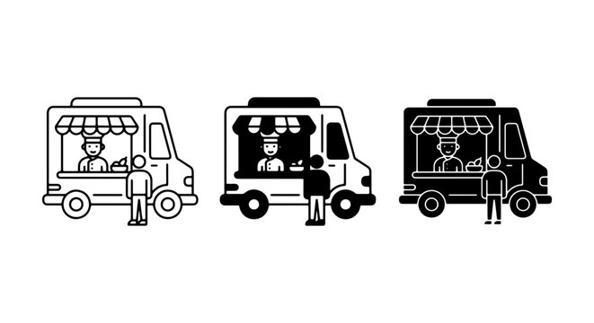 Food Truck Icons, Mobile Kitchen Vector Graphics, Street Food Service Illustrations