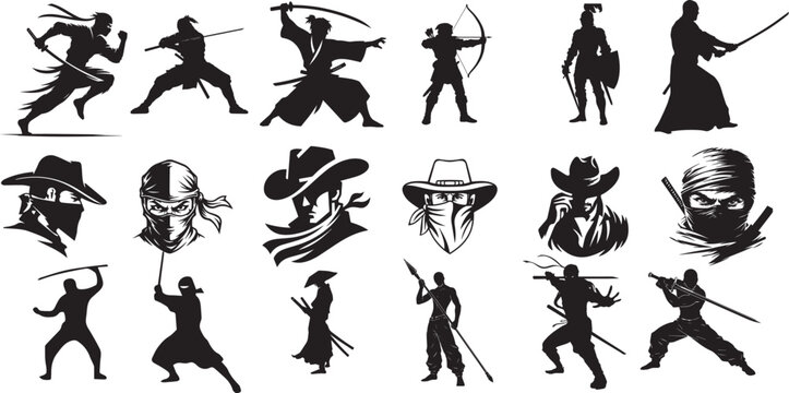 Samurai warrior silhouettes, ninja icons, sword fighter graphics, black vector illustrations