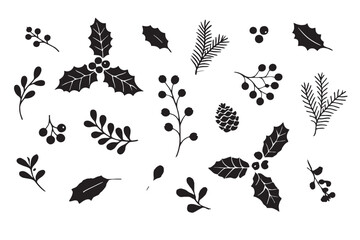 Vintage Christmas botanical silhouettes, hand drawn winter holly and berry vector set, rustic holiday foliage elements for seasonal greeting card design © Faisal