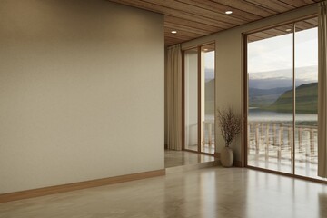 Fototapeta premium Flower vase beside marble steps raised floor and glass window wall and wooden ceiling in house room