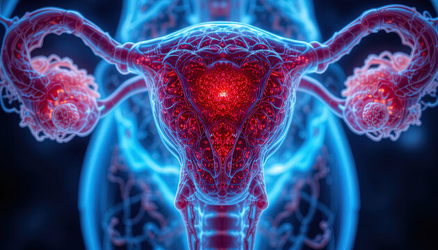 Human reproductive system is depicted with glowing anatomical details and intricate biological structures.