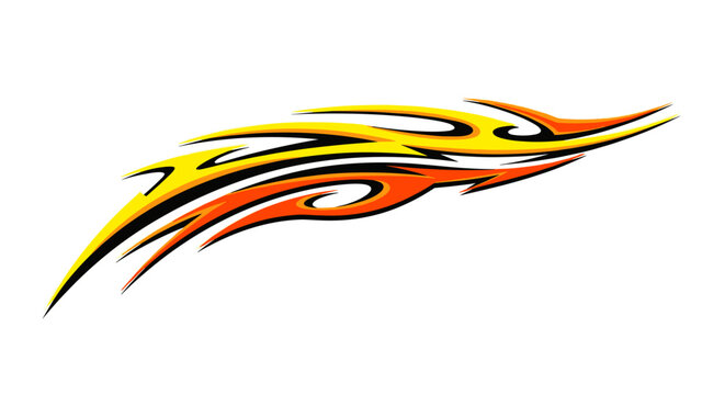 Stylized yellow and orange tribal flame racing graphic.
