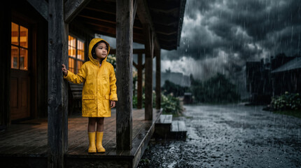 Fototapeta premium Building wealth using life insurance a young child's perspective in a rainy outdoor setting