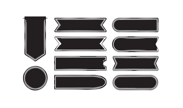 Variety of black ribbon banners and tags with outline borders on transparent background.