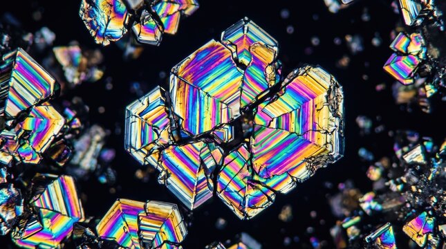 Vibrant crystal structures under microscope, colorful background