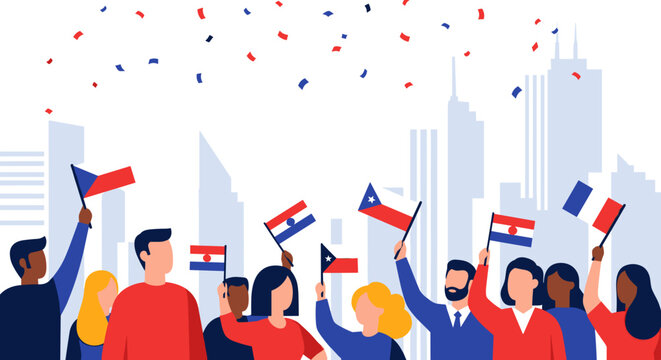 Diverse crowd celebrating with flags and confetti in a city skyline background Vector