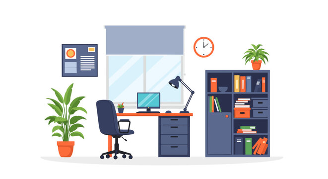 Modern home office interior with desk computer chair bookshelf and plants Vector