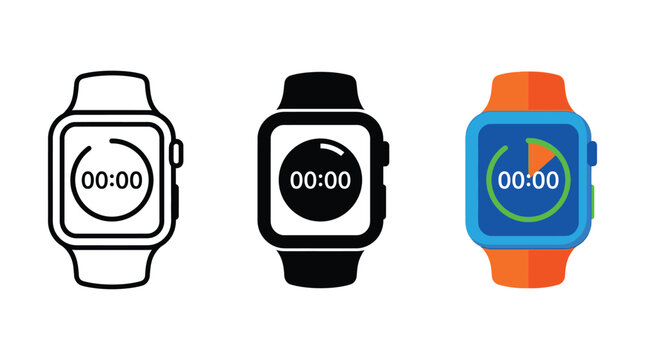Three distinct styles of smartwatch icons featuring a digital timer display presented in outline solid black and vibrant flat color designs on a clean white background