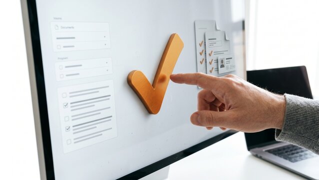 Wooden check mark with computer display and hand pointing close up