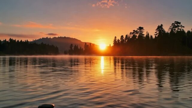 Serene sunrise over calm lake with gentle ripples surrounded by silhouetted hills and trees peaceful landscape