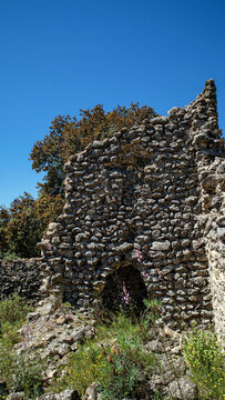 Wild pink flowers surround stone wall and old arch in Atzuvieta ruins on sunny day