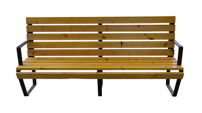 A classic outdoor bench made of light brown wood with a dark metal frame sits on a white background. The bench is strong and can hold people sitting and relaxing.