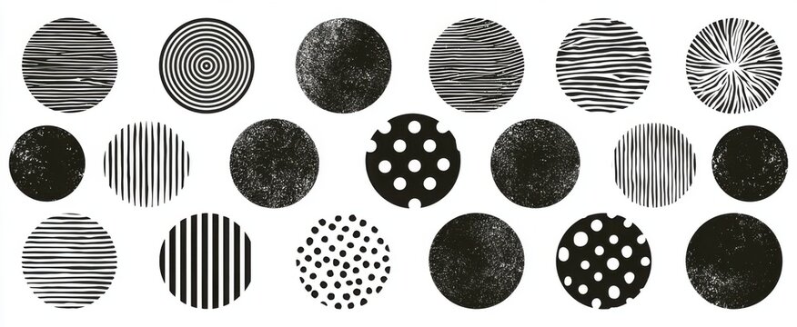Distressed rubber stamp textures crafted with roller. Woodcut relief printing patterns collection. Weathered letterpress uneven circular backgrounds. Illustration isolated on white background.