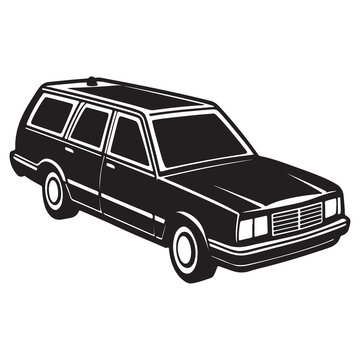 Black and white illustration of a station wagon with a boxy shape and large windows on a white background