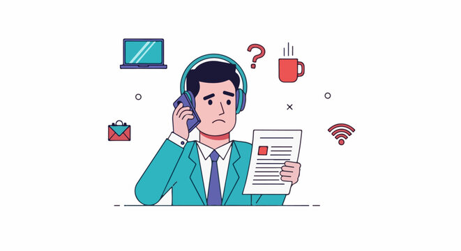 Man on phone with headphones looking stressed at papers, surrounded by office items