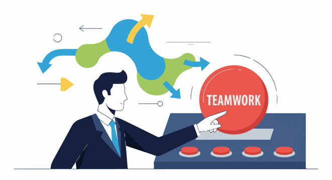 Man presses teamwork button, arrows show collaboration and divergent paths