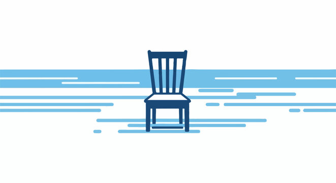Minimalist illustration of a dark blue chair with a slatted back, placed outdoors