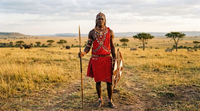 African warrior standing in savannah with spear and shield