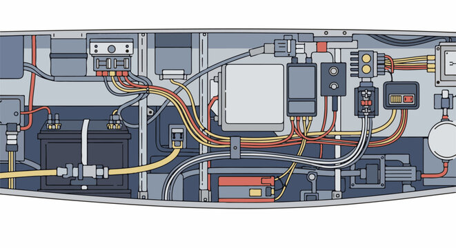 Intricate network of electronic components and colorful wiring within a system