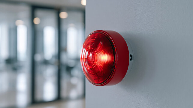 Red alarm light mounted on office wall. Fire safety warning system and emergency signal. Industrial notification device for security alert, danger detection and building facility protection.