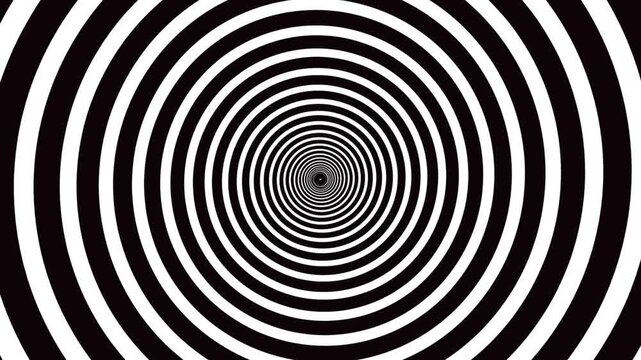 Psychedelic hypnotic circle abstract animation loop footage with rotating geometric spiral tunnel lines for trippy visual effects music video background and trance meditation VJ loop