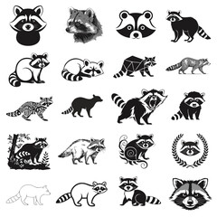 Obraz premium Premium Black and White Raccoon Vector Bundle – Minimal Wildlife Line Art Collection