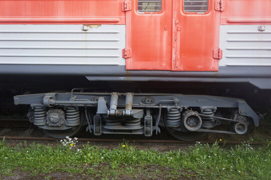Side view of a railway train bogie