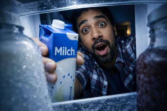 Mann holt in der Nacht die Milch aus dem K&uuml;hlschrank