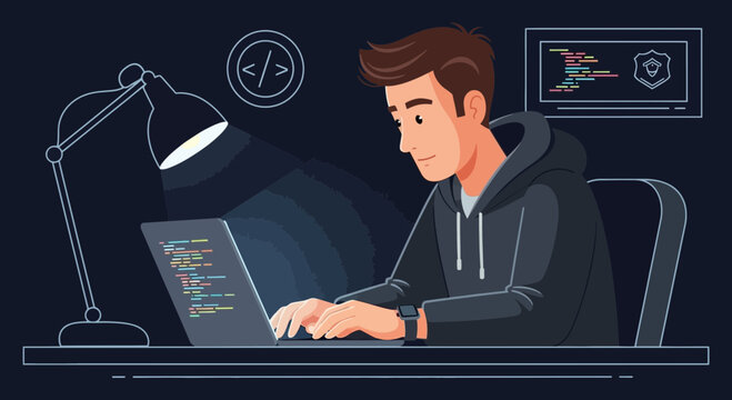 Young male programmer typing on laptop, coding at desk with desk lamp