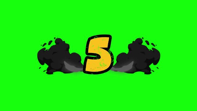 Cartoon countdown 10 seconds animation footage with funny bouncing numbers and vibrant comic elements isolated on chroma key green screen background for video editing overlay