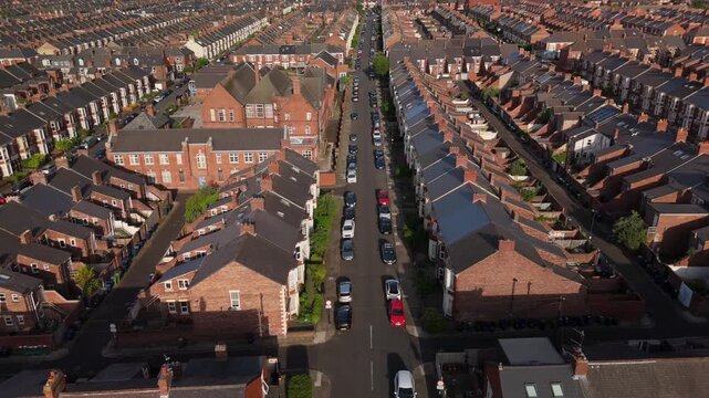Newcastle upon Tyne UK: 25th May 2026: Drone footage shows terraced houses in Heaton at dawn. Rows of Tyneside flats near Chillingham Road 