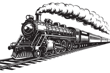 Vintage steam locomotive vector illustration, classic antique train engine on tracks with smoke, retro railway transportation graphic © M