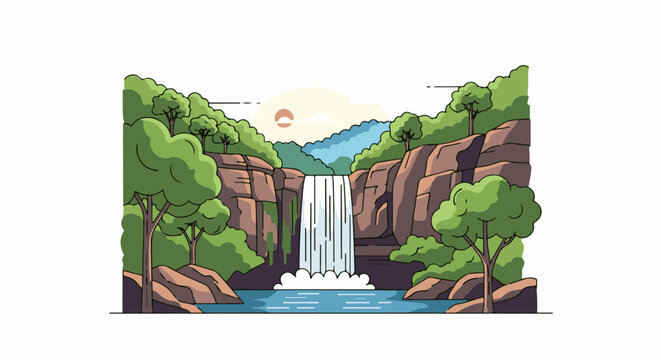 Lush green trees flank a majestic waterfall cascading into a clear blue pool