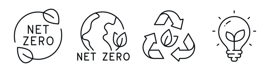 Eco icons representing net zero recycling and sustainable energy concepts. Editable stroke © tutti_frutti