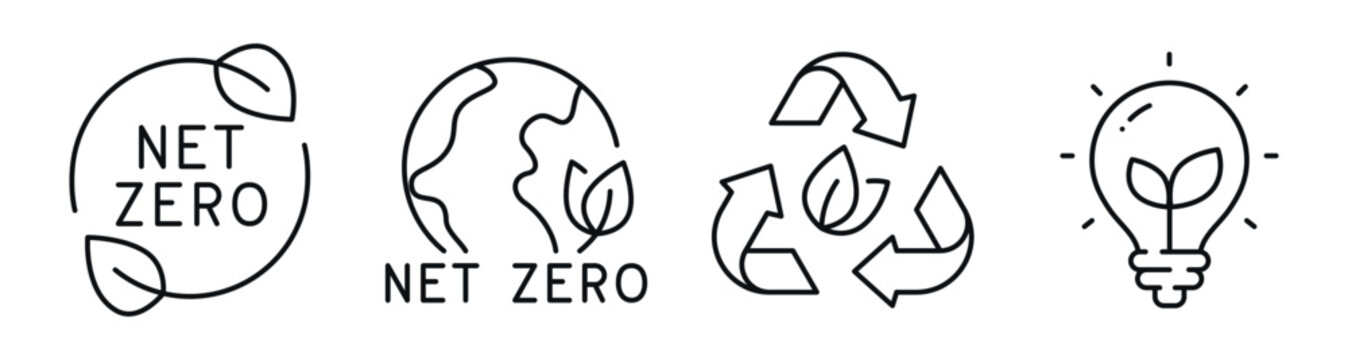 Eco icons representing net zero recycling and sustainable energy concepts. Editable stroke