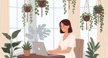 Obraz premium Woman Working on Laptop in a Room Filled with Houseplants