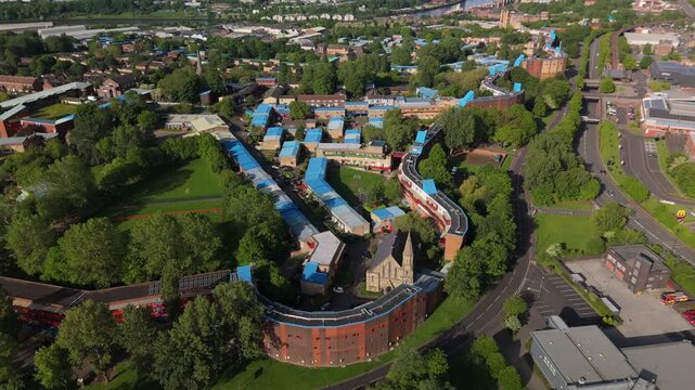 Newcastle upon Tyne UK: 25th May 2026: Drone captures the layout of Byker Wall during dawn. The design shows buildings, greenery, and streets forming a clear structure in the landscape