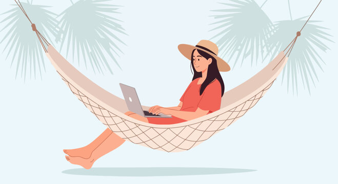 Woman working on laptop in hammock under palm trees, remote work relaxation concept