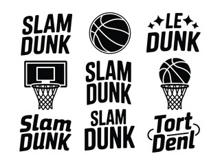 Collection of nine black graphic design elements related to basketball including text and illustrations like slam dunk words and baskets © Md