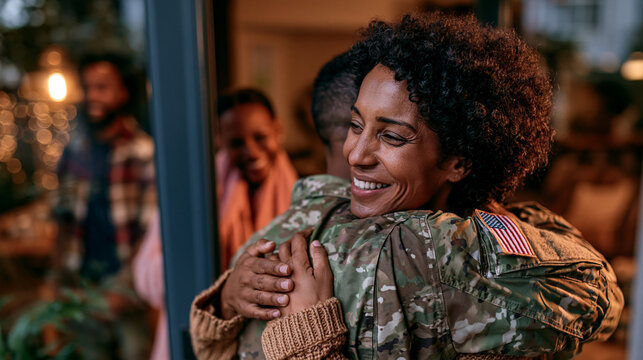 Soldier returning home for a reunification at the doorway embracing family, emotional homecoming after war, warm hopeful atmosphere photorealistic
