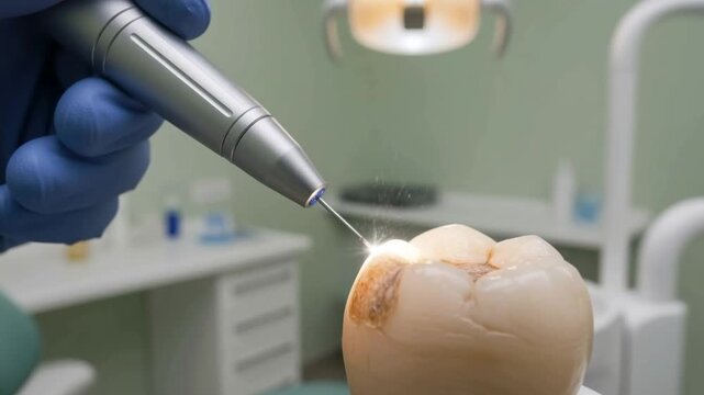 Expert dental professional employs advanced laser to treat tooth decay in a modern clinic setting