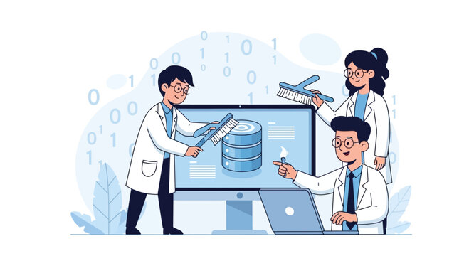 Data cleaning team optimizing database, IT professionals with brushes