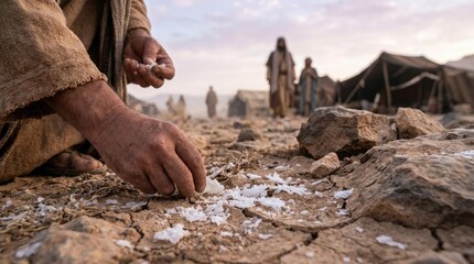Naklejka premium Desert sustenance miracle: Israelite gather, heaven gift, divine food, God send, wilderness journey, ancient exodus, Bible event, Egypt escape, daily provision, spiritual nourish.