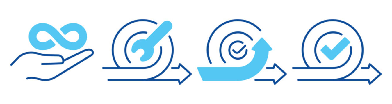 Continuous delivery icons showing iterative process with hand support. Editable stroke