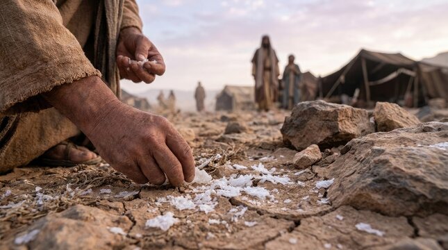Desert sustenance miracle: Israelite gather, heaven gift, divine food, God send, wilderness journey, ancient exodus, Bible event, Egypt escape, daily provision, spiritual nourish.