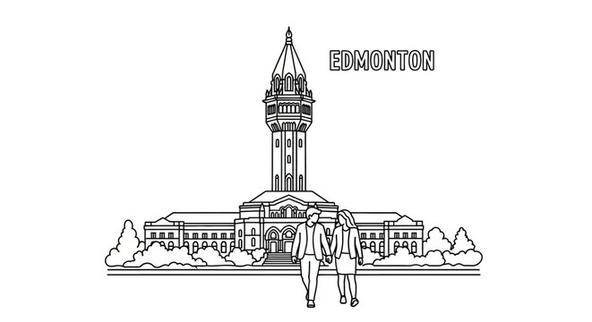 Illustrated skyline featuring historic Edmonton clock tower.