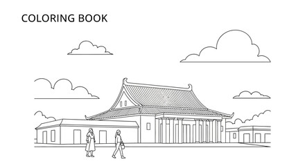 Fototapeta premium Traditional Asian Temple Line Art Coloring Book Illustration.