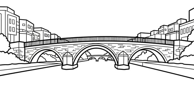 Illustrated Urban Stone Bridge with Multiple Arches Over Roadway.