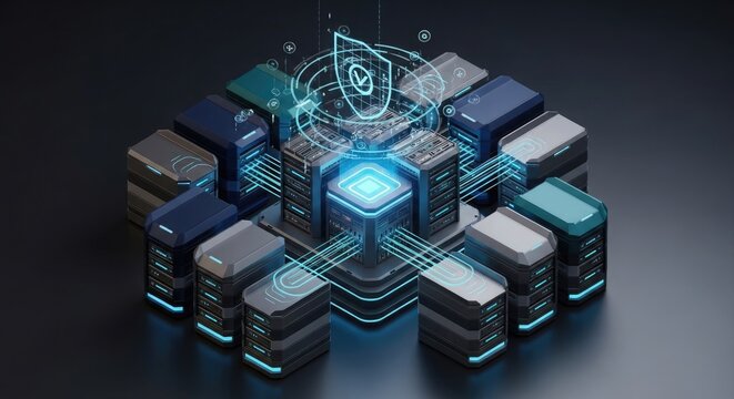 Cybersecurity network infrastructure isometric illustration with data protection elements